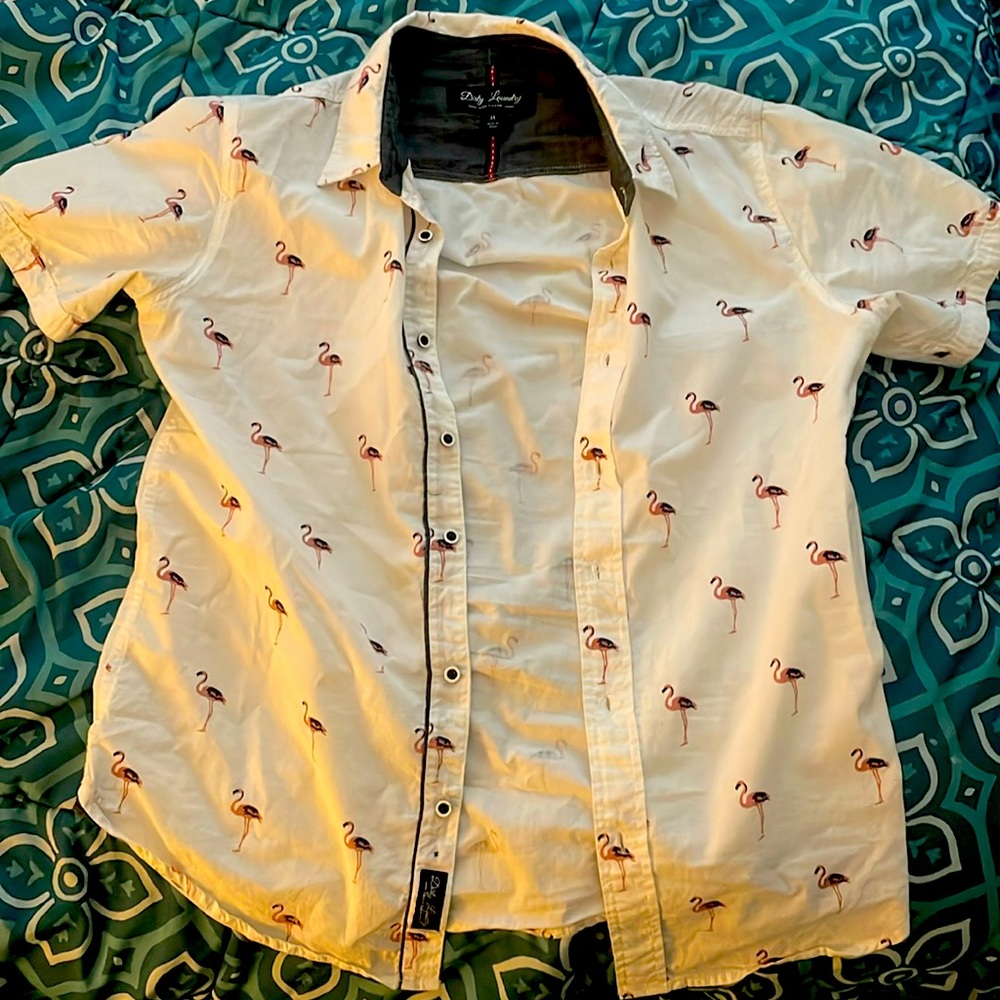 Dirty Laundry Mens Medium M Button-Down Short Sleeve Casual Shirt Flamingo Print